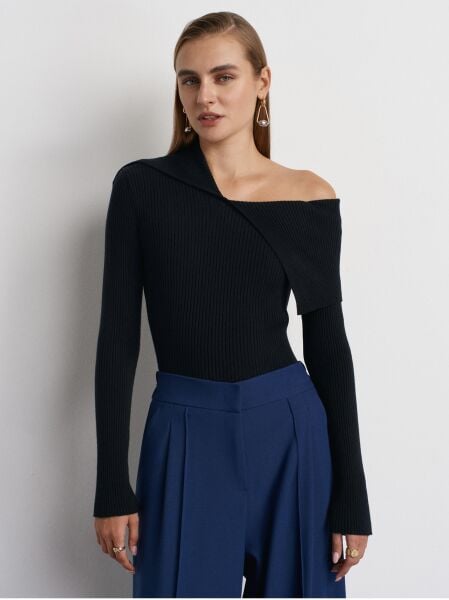 Asimetrik Yaka Yünlü Fitilli Triko Kazak-Siyah