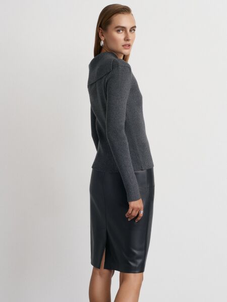 Asimetrik Yaka Yünlü Fitilli Triko Kazak-Füme