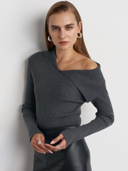 Asimetrik Yaka Yünlü Fitilli Triko Kazak-Füme