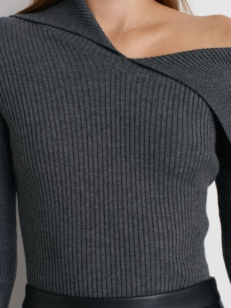 Asimetrik Yaka Yünlü Fitilli Triko Kazak-Füme