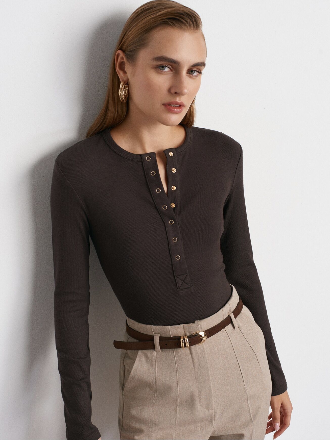 Çıtçıtlı Uzun Kollu Top-Koyu Kahve