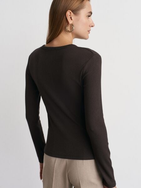 Çıtçıtlı Uzun Kollu Top-Koyu Kahve