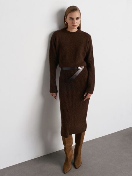 Bisiklet Yaka Yumuşak Dokulu Triko Elbise-Kahve