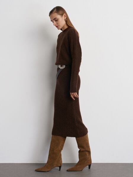 Bisiklet Yaka Yumuşak Dokulu Triko Elbise-Kahve