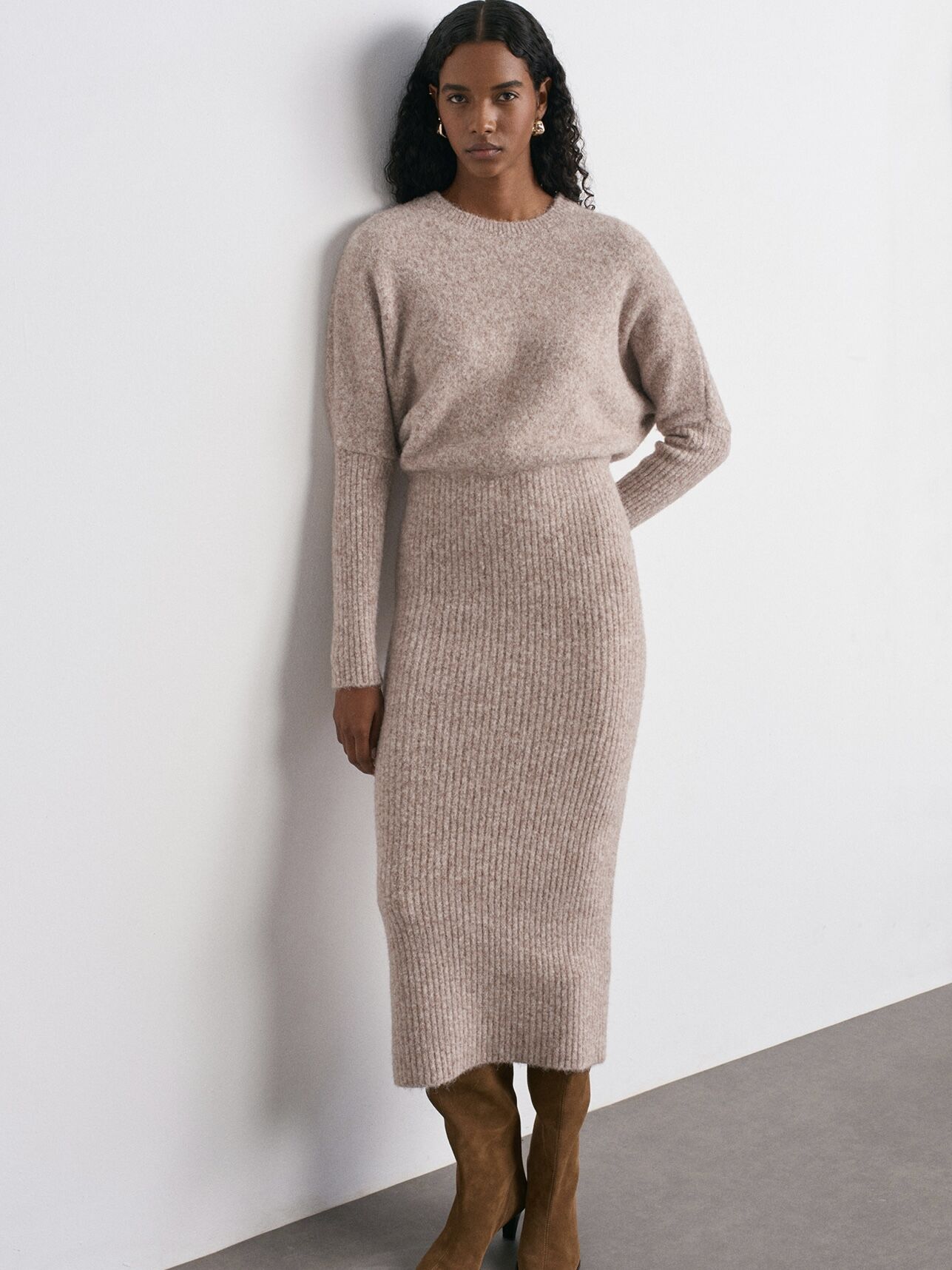 Bisiklet Yaka Yumuşak Dokulu Triko Elbise-Vizon