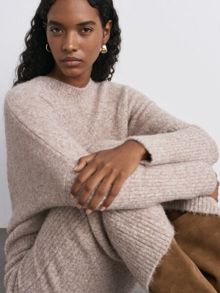 Bisiklet Yaka Yumuşak Dokulu Triko Elbise-Vizon