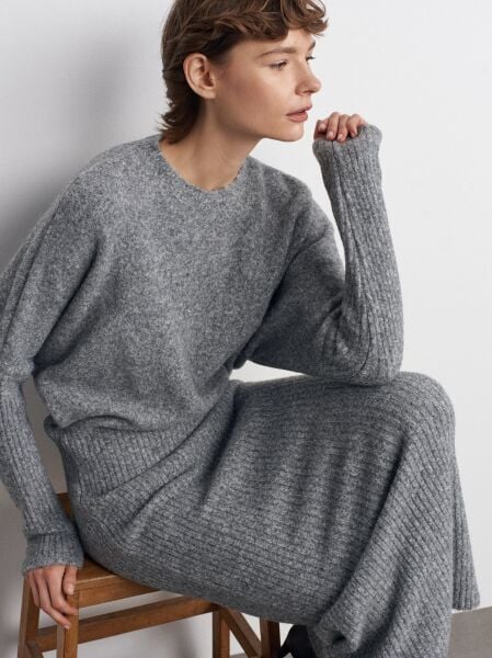 Bisiklet Yaka Yumuşak Dokulu Triko Elbise-Füme M