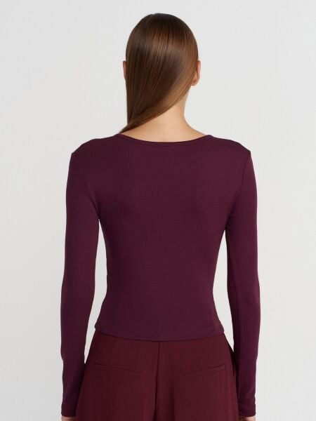 Uzun Kollu Çıtçıt Düğmeli Top-Bordo