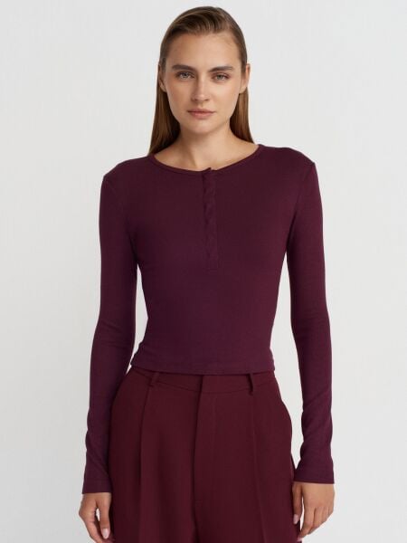 Uzun Kollu Çıtçıt Düğmeli Top-Bordo