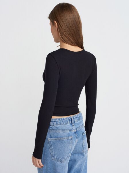 Uzun Kollu Çıtçıt Düğmeli Top-Siyah