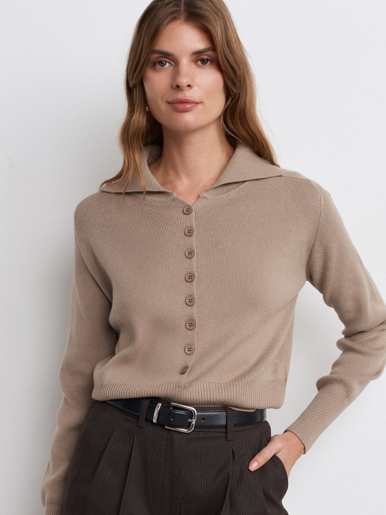 Polo Yaka Yünlü Düğmeli Triko Kazak-vizon