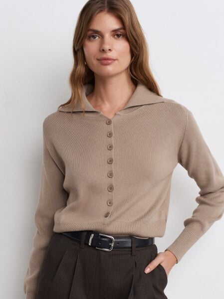 Polo Yaka Yünlü Düğmeli Triko Kazak-vizon