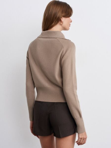 Polo Yaka Yünlü Düğmeli Triko Kazak-vizon