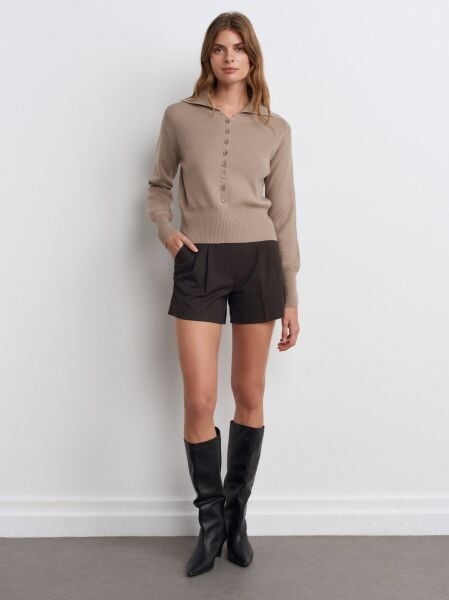 Polo Yaka Yünlü Düğmeli Triko Kazak-vizon