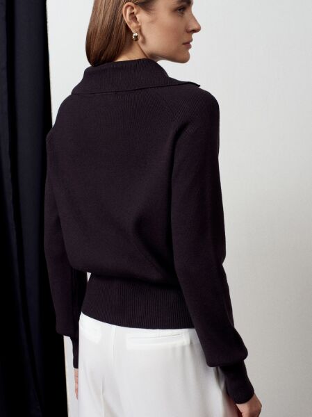 Polo Yaka Yünlü Düğmeli Triko Kazak-Koyu Kahve