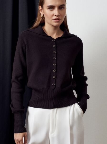 Polo Yaka Yünlü Düğmeli Triko Kazak-Koyu Kahve