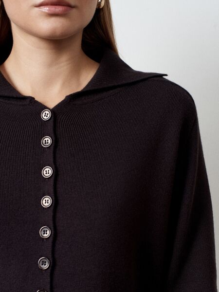 Polo Yaka Yünlü Düğmeli Triko Kazak-Koyu Kahve