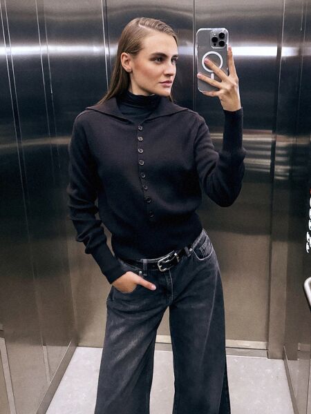 Polo Yaka Yünlü Düğmeli Triko Kazak-Koyu Kahve