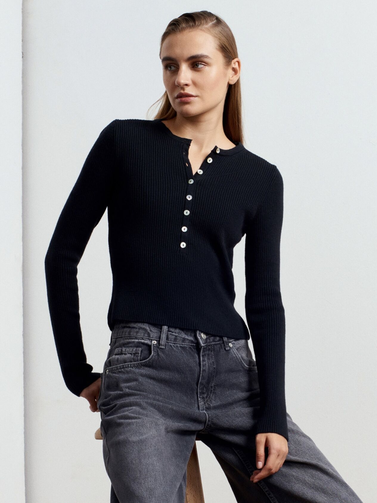 Bisiklet Yaka Yünlü Düğmeli Triko Kazak-Siyah