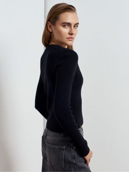 Bisiklet Yaka Yünlü Düğmeli Triko Kazak-Siyah