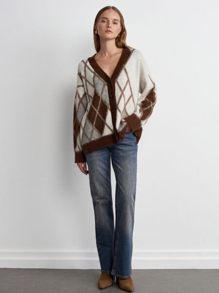 Baklava Desenli Alpaka Karışımlı Triko Hırka-Kahve