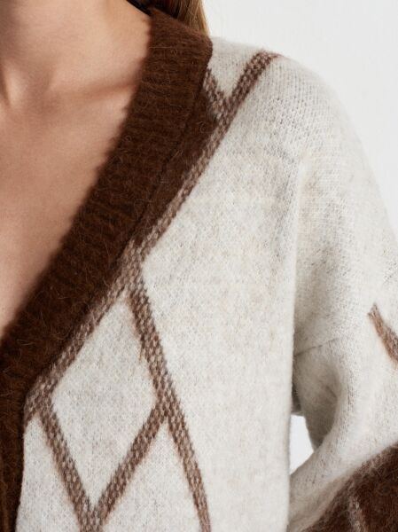 Baklava Desenli Alpaka Karışımlı Triko Hırka-Kahve