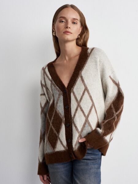 Baklava Desenli Alpaka Karışımlı Triko Hırka-Kahve