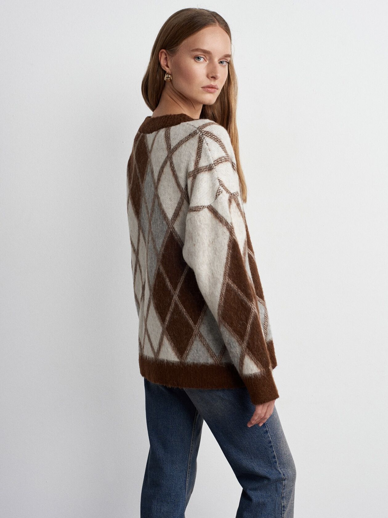 Baklava Desenli Alpaka Karışımlı Triko Hırka-Kahve