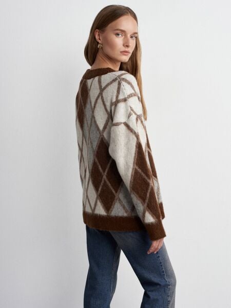 Baklava Desenli Alpaka Karışımlı Triko Hırka-Kahve