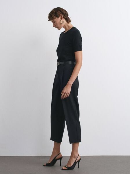 Kemerli Pensli Pantolon-Siyah