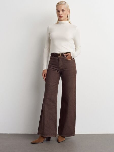 Geniş Kalıp Renkli Denim Pantolon-Kahve