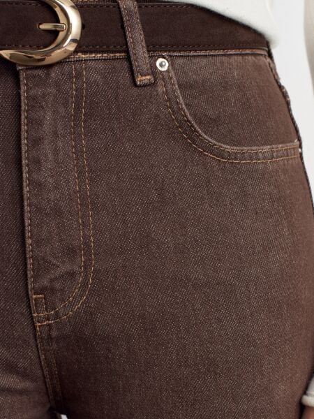 Geniş Kalıp Renkli Denim Pantolon-Kahve