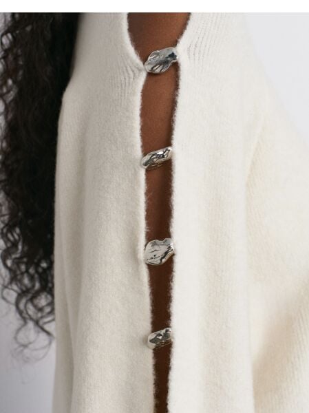 Yün Karışımlı Aksesuar Detaylı Triko Kazak-Ekru