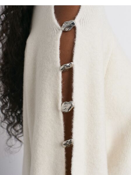 Yün Karışımlı Aksesuar Detaylı Triko Kazak-Ekru