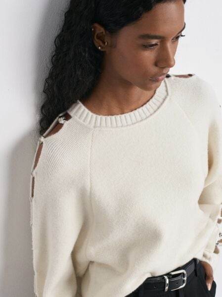 Yün Karışımlı Aksesuar Detaylı Triko Kazak-Ekru