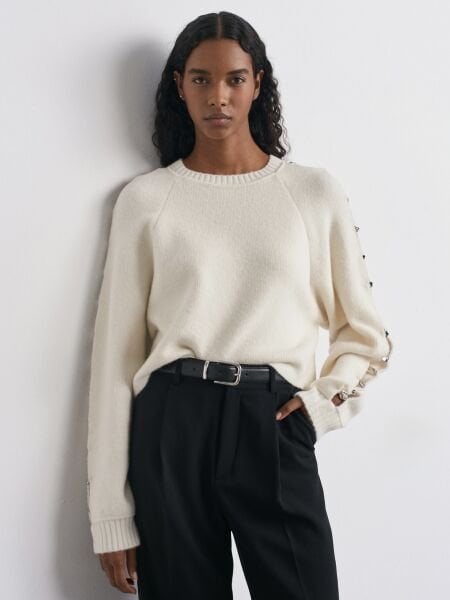 Yün Karışımlı Aksesuar Detaylı Triko Kazak-Ekru