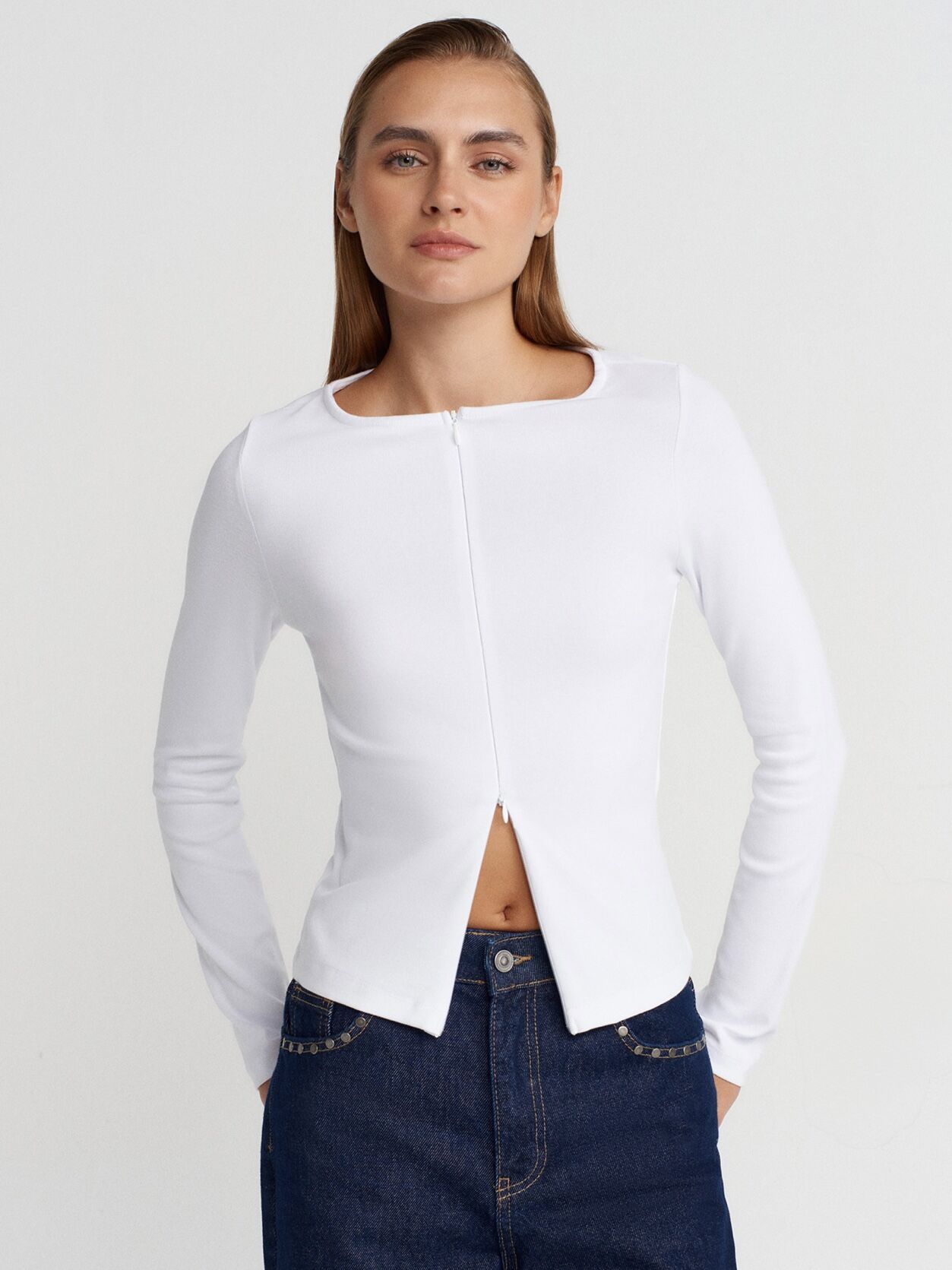 Çift Fermuarlı Top-Beyaz