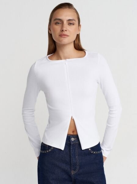 Çift Fermuarlı Top-Beyaz