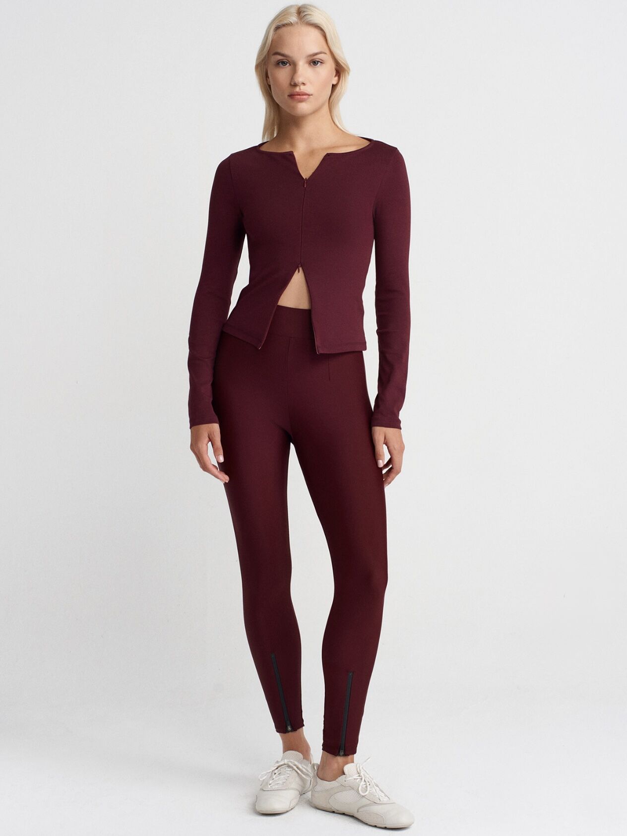 Çift Fermuarlı Top-Bordo