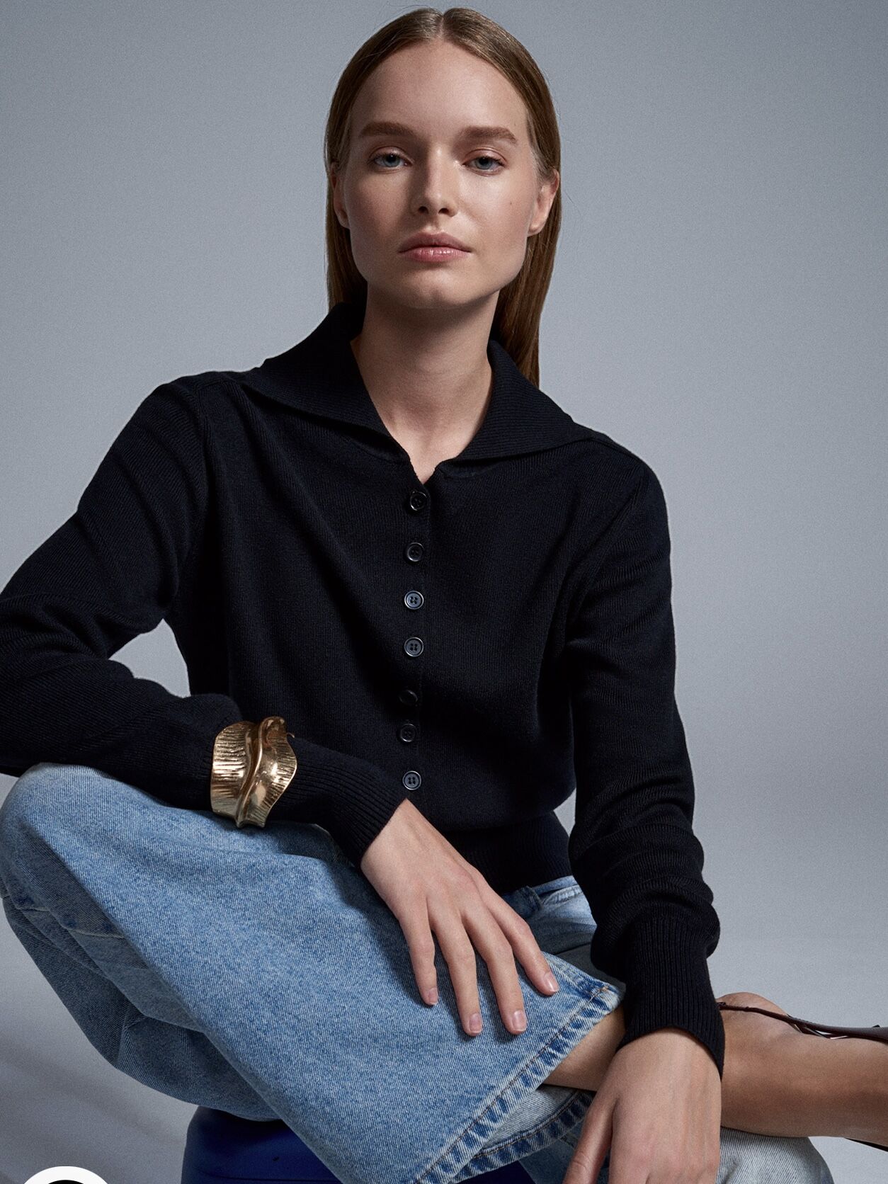 Yün Karışımlı Düğmeli Triko Kazak-siyah