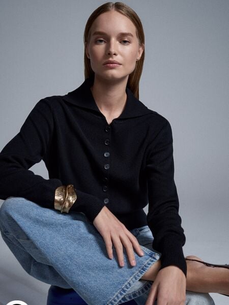 Yün Karışımlı Düğmeli Triko Kazak-siyah