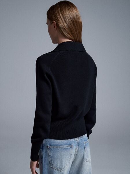 Yün Karışımlı Düğmeli Triko Kazak-siyah