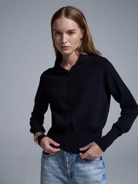 Yün Karışımlı Düğmeli Triko Kazak-siyah