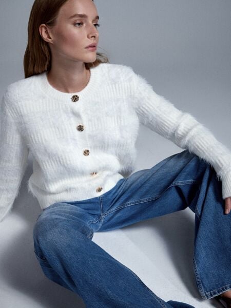 Yün Karışımlı Düğmeli Triko Hırka-Ekru