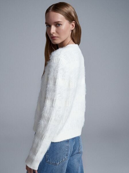 Yün Karışımlı Düğmeli Triko Hırka-Ekru