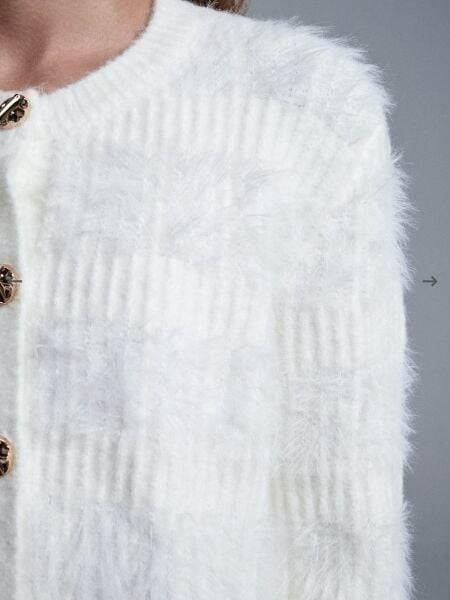 Yün Karışımlı Düğmeli Triko Hırka-Ekru