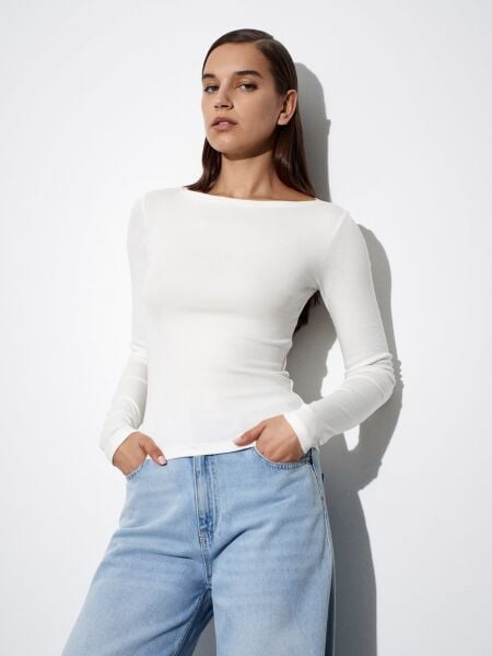 Kayık Yaka Uzun Kollu Top-Ekru