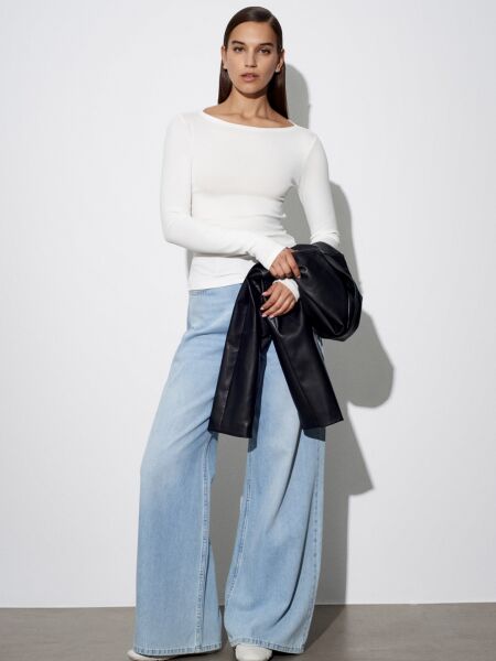 Kayık Yaka Uzun Kollu Top-Ekru