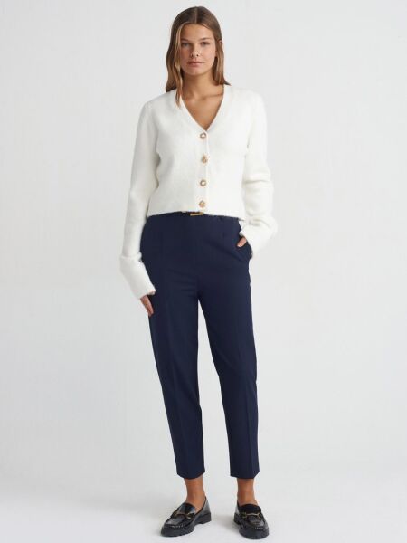 Yün Karışımlı Düğmeli Triko Hırka-Ekru