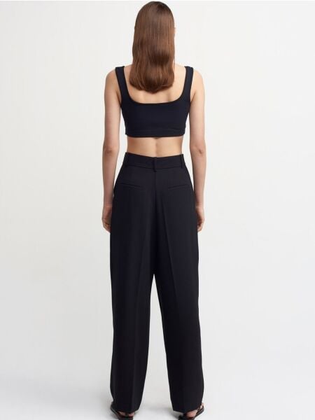 Yüksek Bel Pileli Palazzo Pantolon-Siyah
